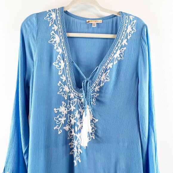 Rise and Bloom Embroidered Long Sleeve Tie Neck Maxi Dress Blue Medium - Picture 7 of 15